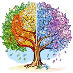 Artistic depiction of a four-season tree, showcasing vibrant leaves in seasonal colors and representing nature's beauty throughout the year.
