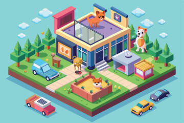 Colorful isometric layout features various pets enjoying activities near a pet care facility, Customizable isometric illustration of pet care.