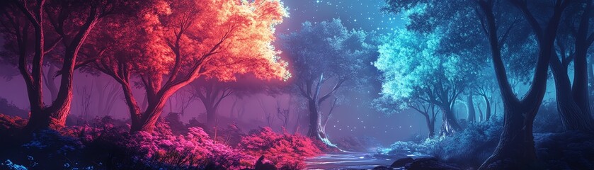 Fantasy forest with red and blue glowing trees