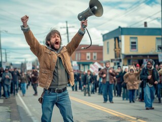 Obraz premium A man shouts into a megaphone at a protest. AI.