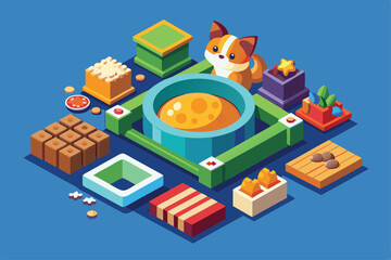 A colorful isometric design showcasing a variety of pet food items arranged around a playful cat, Customizable isometric illustration of pet food.