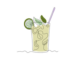Abstract Cold Mojito Cocktail with lime and mint straw, continuous one line art hand drawing sketch, logo