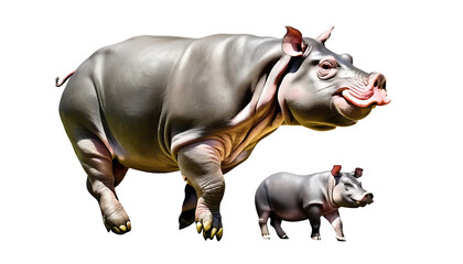 Happy pygmy hippopotamus with baby, isolated on a transparent background	
