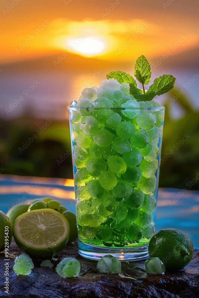 Wall mural A refreshing drink with lime and mint. AI.