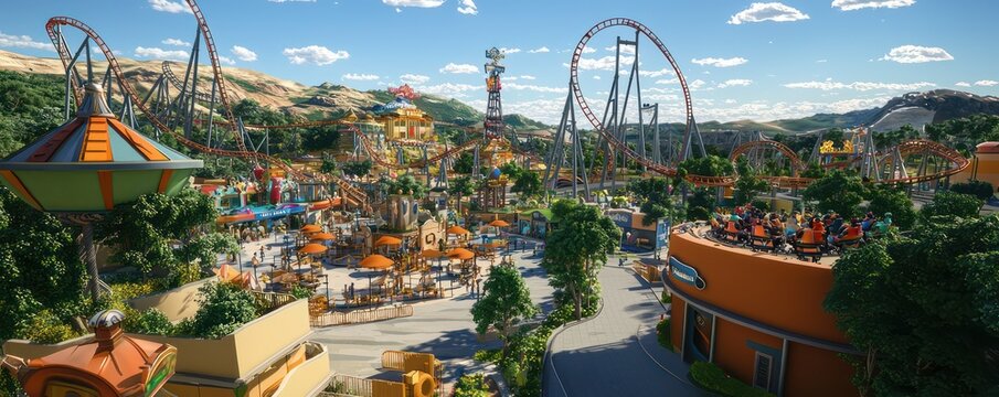 Detailed image of a new theme park under construction, showcasing a roller coaster with innovative design features and themed entertainment areas