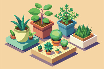 This illustration features a vibrant display of customizable potted plants arranged artfully on a surface, Customizable isometric illustration of potted plants.