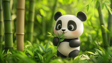 Naklejka premium A cute panda happily munching on bamboo in a lush green forest.