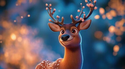 A cheerful animated deer with antlers and a friendly expression in a vibrant forest setting.