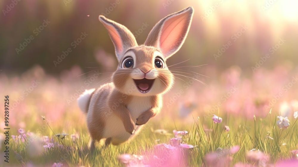 Wall mural A joyful cartoon rabbit running through a colorful flower-filled meadow.