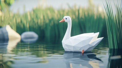 Obraz premium A low-poly white duck swimming in a serene water environment surrounded by greenery.