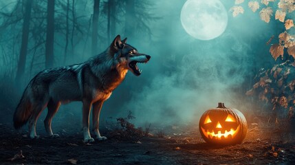Halloween atmosphere with a howling wolf beside a glowing jack lantern, surrounded by mist and moonlit trees. No people, no logos.