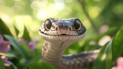 Fototapeta premium A close-up of a snake among vibrant foliage, showcasing its detailed features and expression.