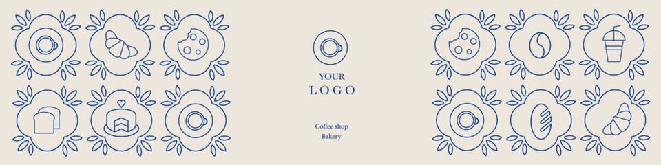 Obraz premium Abstract coffee modern line geometric pattern. Hand drawn illustration for Bakery and Coffee shop. Icons. Coffee bean, cup of coffee, dish, cookie and croissant. Abstract geometric line background. 