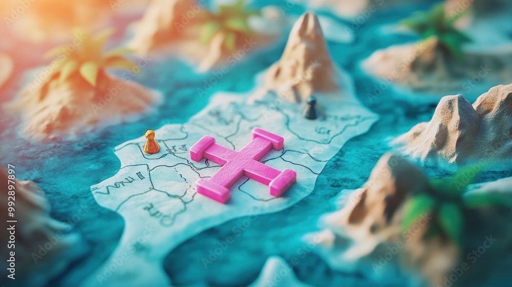 Poster a colorful game board featuring a pink cross on an island map with mountains and palm trees.