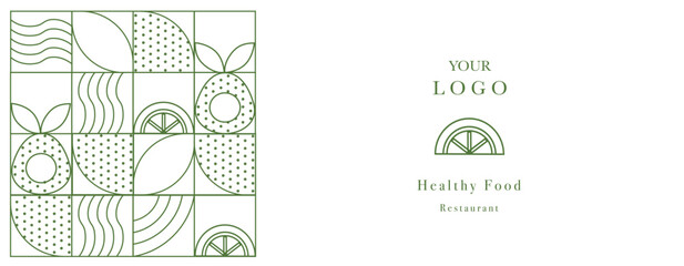 Hand drawn illustration. Organic fruit - avocado and orange. Geometric pattern. Abstract geometric line background. Gold luxury.  Healthy Food pattern. Web banner. 