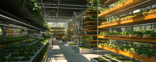 Fototapeta premium Detailed image of a new vertical farming complex under construction, showcasing tiered agricultural spaces and advanced hydroponic systems