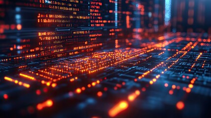 A technology concept of software development features coding on a digital interface, with IoT connections and circuit boards.