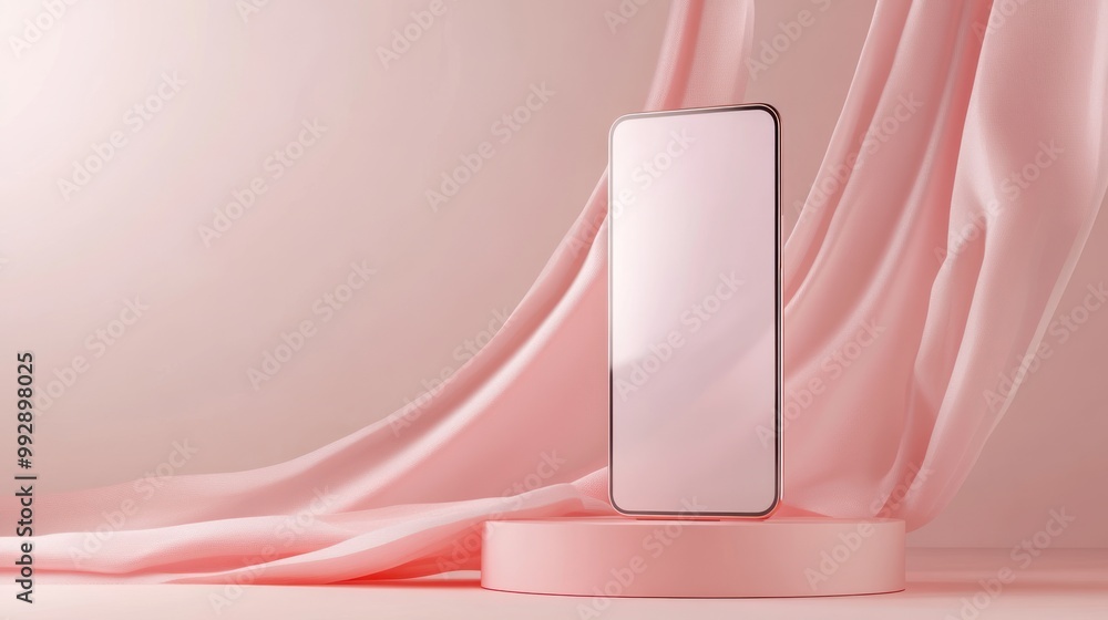 Poster a minimalist smartphone displayed on a circular pedestal with soft pink fabric backdrop.