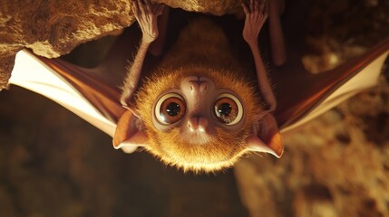 Obraz premium A cute, furry bat hanging upside down in a cave, showcasing its large eyes and delicate wings.
