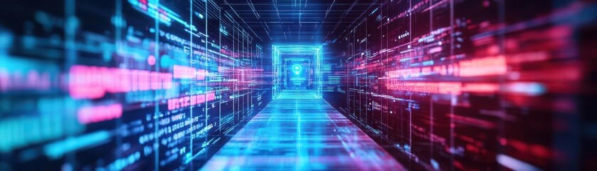 A digital holographic walkway in a virtual business meeting room, AI projections guiding the participants, Scifi, Neon colors, 3D rendering