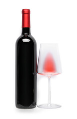 Bottle and glass of red wine on white background. Top view