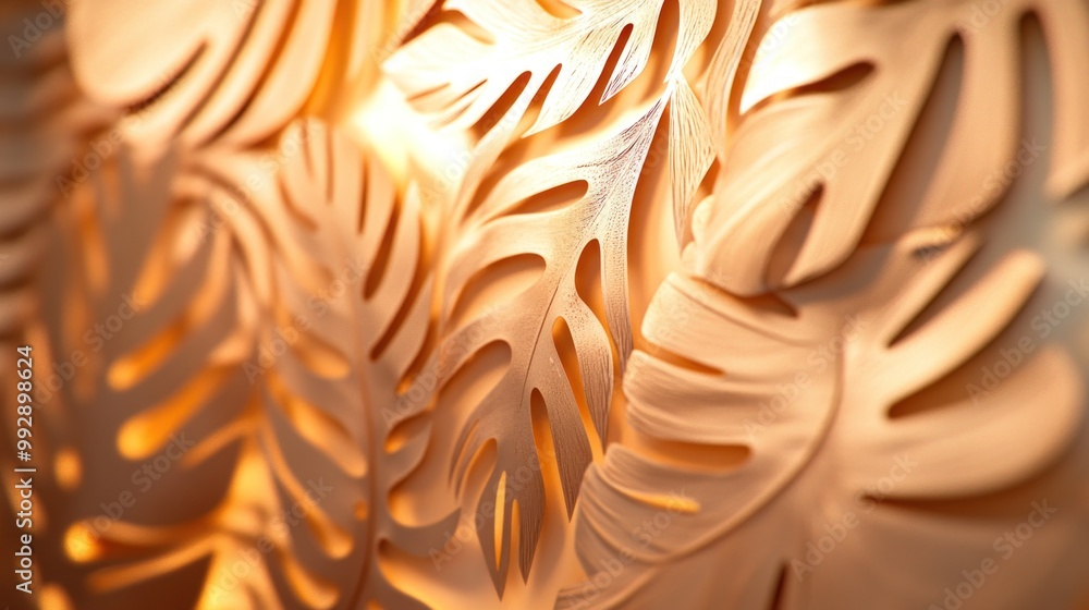 Poster a close-up of intricately carved leaf patterns illuminated softly.