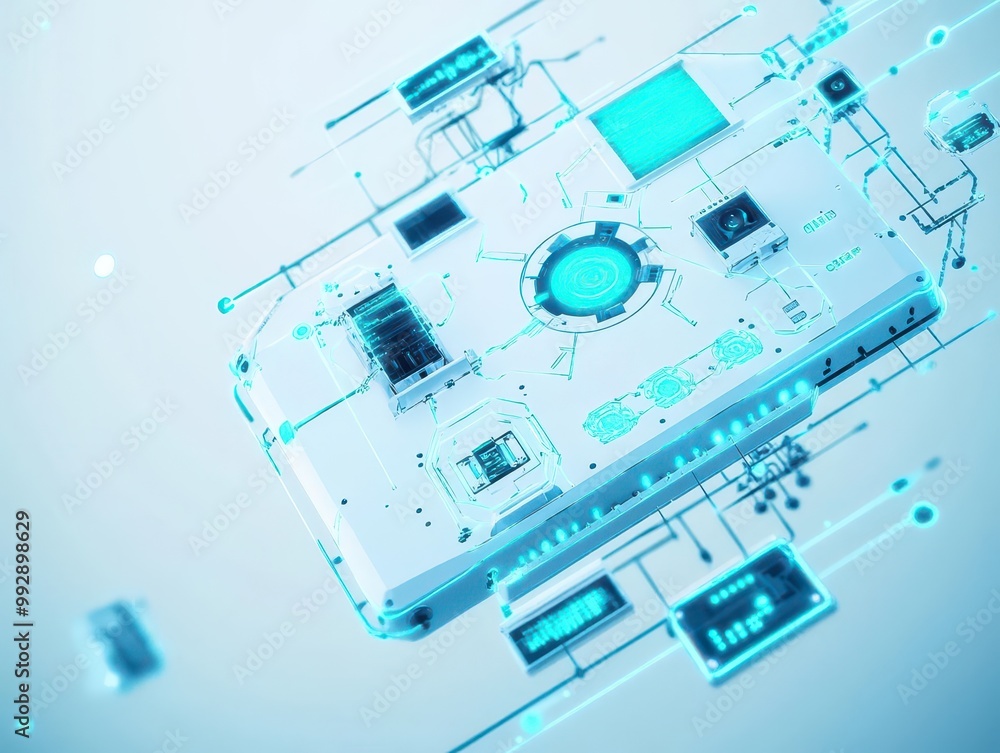Poster A floating AI system with robotic tendrils connected to multiple devices, futuristic, monochrome with neon blue highlights, 3D render, precise control, complex tech