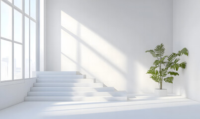 Obraz premium Modern Minimalist Interior with Large Windows and Staircase Design