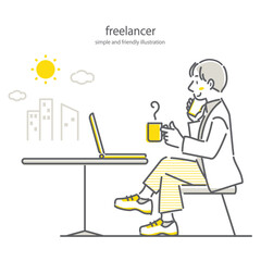 屋外のカフェで自由に仕事をするフリーランスの男性　シンプルでお洒落な線画イラスト