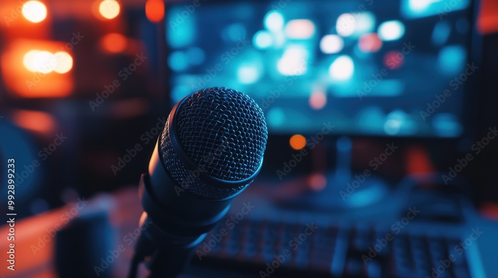 Aufkleber a close-up of a microphone with a blurred computer screen in the background, suggesting recording.