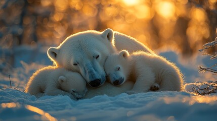 A heartwarming image of a polar bear cuddling with two cubs in the snow during sunset, showcasing the beauty of wildlife in the Arctic.