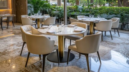Elegant restaurant interior with round tables and modern chairs amid lush greenery.