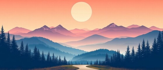 Fototapeta premium Serene mountain landscape at sunset with winding road and silhouette of pine trees