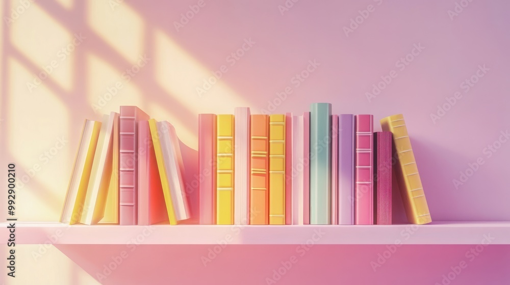 Aufkleber a pastel-colored bookshelf displaying neatly arranged books in soft lighting.