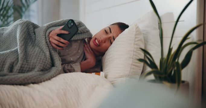 Sick woman, bed and phone call with pills for telehealth, conversation or discussion at home. Young, female person or patient talking on mobile smartphone in bedroom for health advice or symptoms