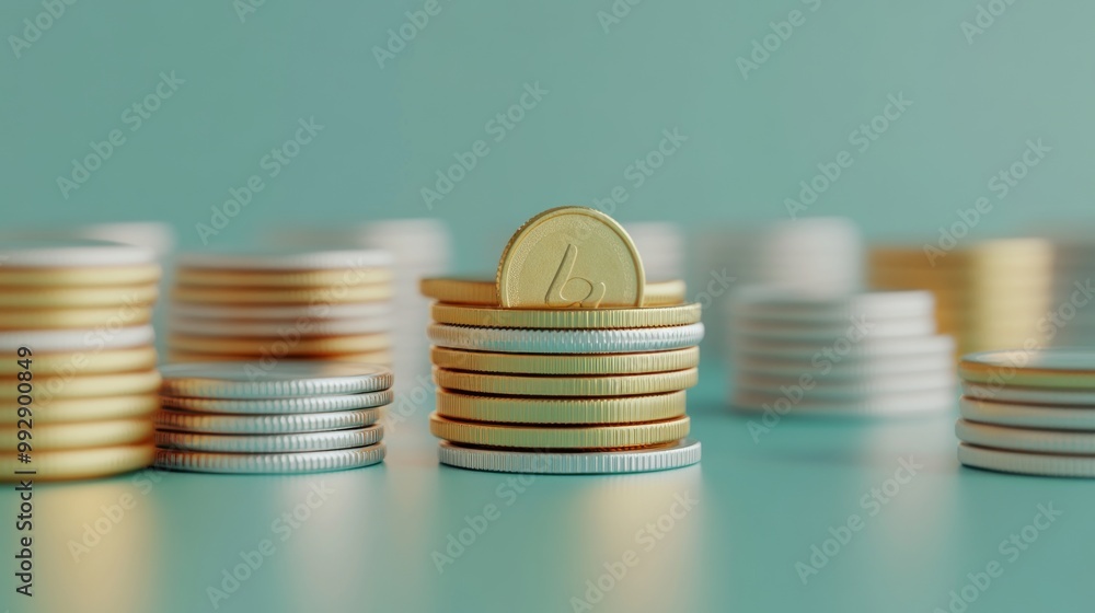 Poster stacks of coins in various colors arranged against a soft background.