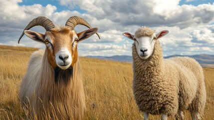 Fototapeta premium A sheep and goat standing together in a grassy field under a vibrant blue sky with clouds, showcasing a scenic countryside landscape.