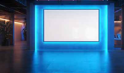 Modern Minimalist Blue and White Interior with Illuminated Square Frame Design