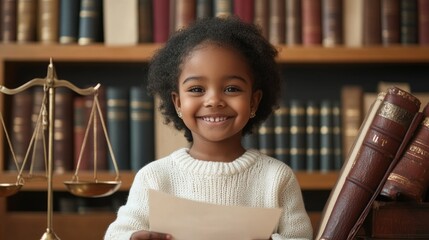 Cute dark skinned child smiling and holding court paper on table scales