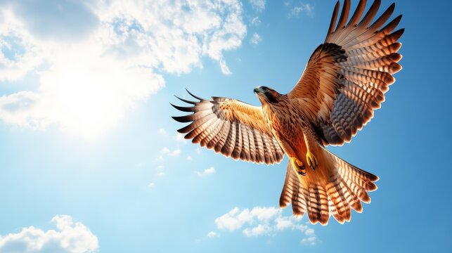 A stunning hawk soars in the clear blue sky with wings fully spread, illuminated by the bright sunlight and surrounded by fluffy clouds.