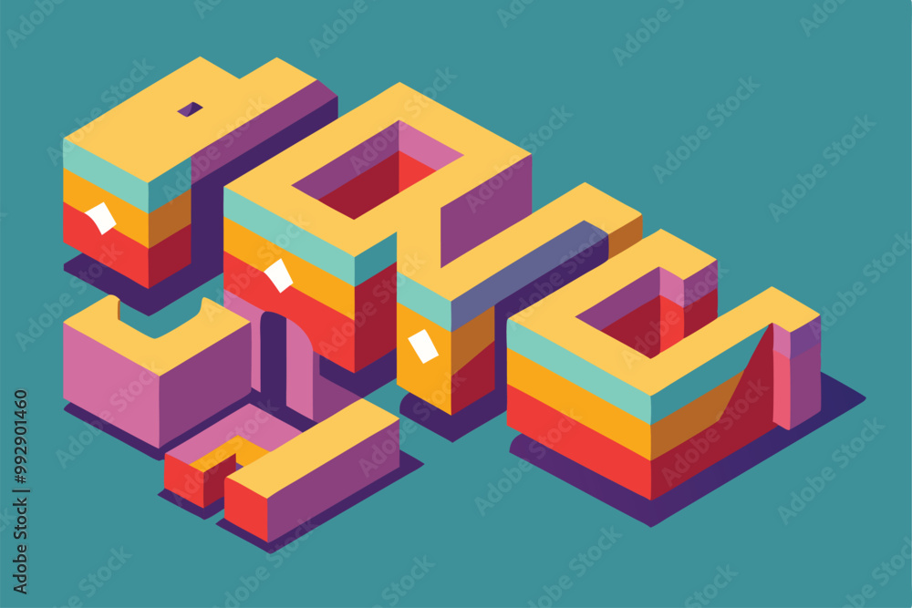 Poster a colorful, isometric design features uniquely shaped vowels arranged in a striking geometric layout