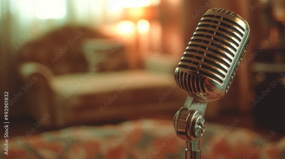 Canvas Prints A vintage microphone stands in a cozy room, suggesting a creative or musical atmosphere.