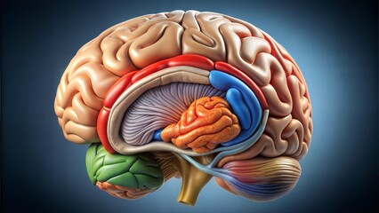 Detailed 3D Model of Human Brain, Colorful Anatomical Sections, Medical Illustration