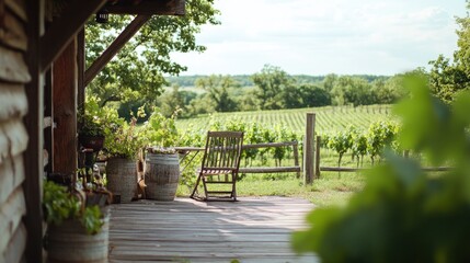 Obraz premium A serene vineyard view from a rustic porch, inviting relaxation and connection with nature.