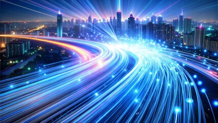 Fototapeta premium Futuristic Digital City with Glowing Light Trails, Blue and Purple Tones, Technology Concept