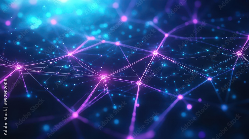 Poster A neural network visualized as glowing interconnected nodes in space, abstract, neon purples and blues, digital art, complex data systems, floating nodes