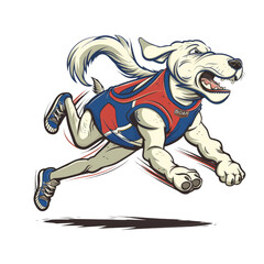 Fototapeta premium A cartoon dog wearing a red and blue tank top and running shoes runs with a determined look on its face.