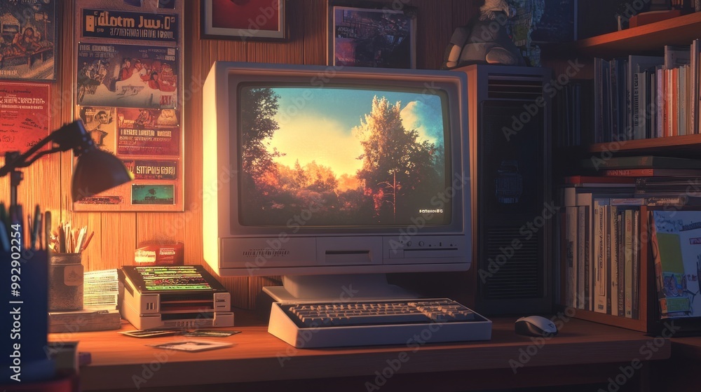 Aufkleber a nostalgic workspace with a vintage computer displaying a serene landscape.