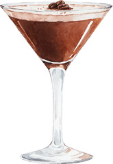 Watercolor vector espresso martini illustration. Alcohol long drink clipart. Glass of cocktail. Club shake beverage hand drawn illustration. Stock print.