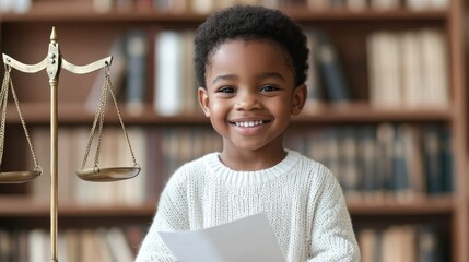 Cute dark skinned child smiling and holding court paper on table scales